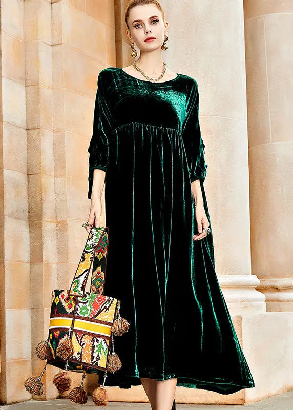 Simple Blackish Green O-Neck Wrinkled Patchwork Silk Velvet Long Dresses Fall Ada Fashion