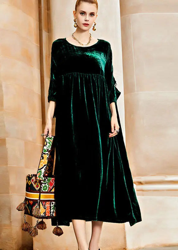 Simple Blackish Green O-Neck Wrinkled Patchwork Silk Velvet Long Dresses Fall Ada Fashion