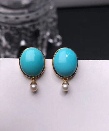 Simple Blue 18K Gold Inlaid Turquoise Jade Stud Earrings Ada Fashion