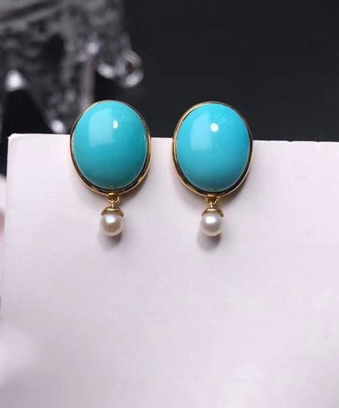 Simple Blue 18K Gold Inlaid Turquoise Jade Stud Earrings Ada Fashion