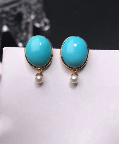 Simple Blue 18K Gold Inlaid Turquoise Jade Stud Earrings Ada Fashion