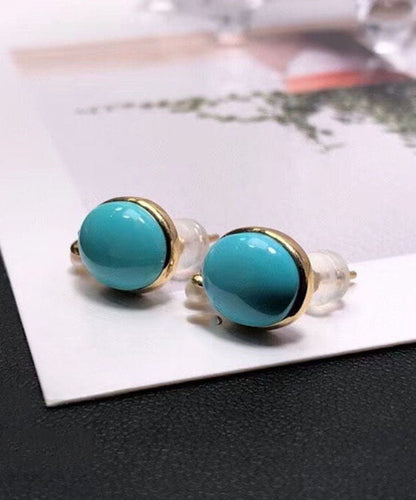 Simple Blue 18K Gold Inlaid Turquoise Jade Stud Earrings Ada Fashion