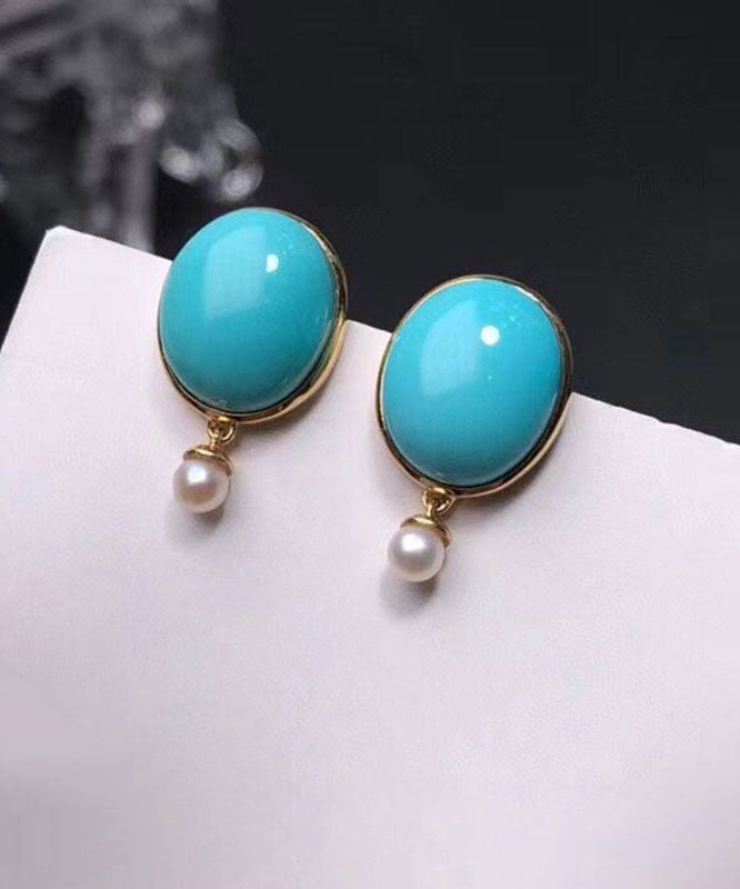 Simple Blue 18K Gold Inlaid Turquoise Jade Stud Earrings Ada Fashion