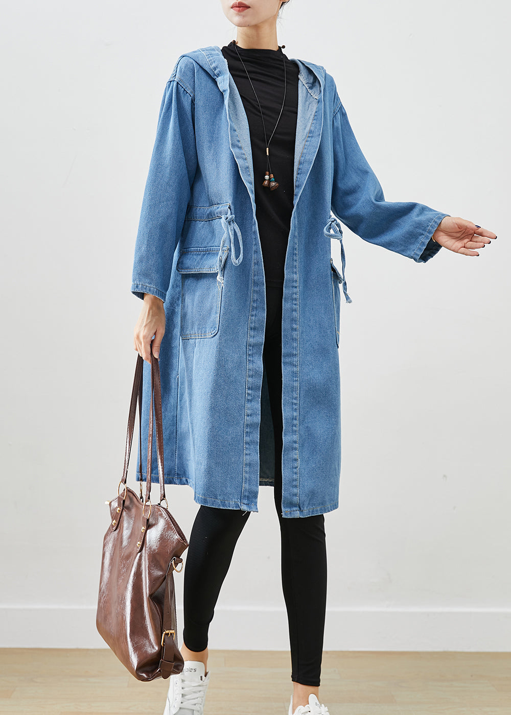 Simple Blue Cinched Hooded Pockets Denim Trench Fall Ada Fashion