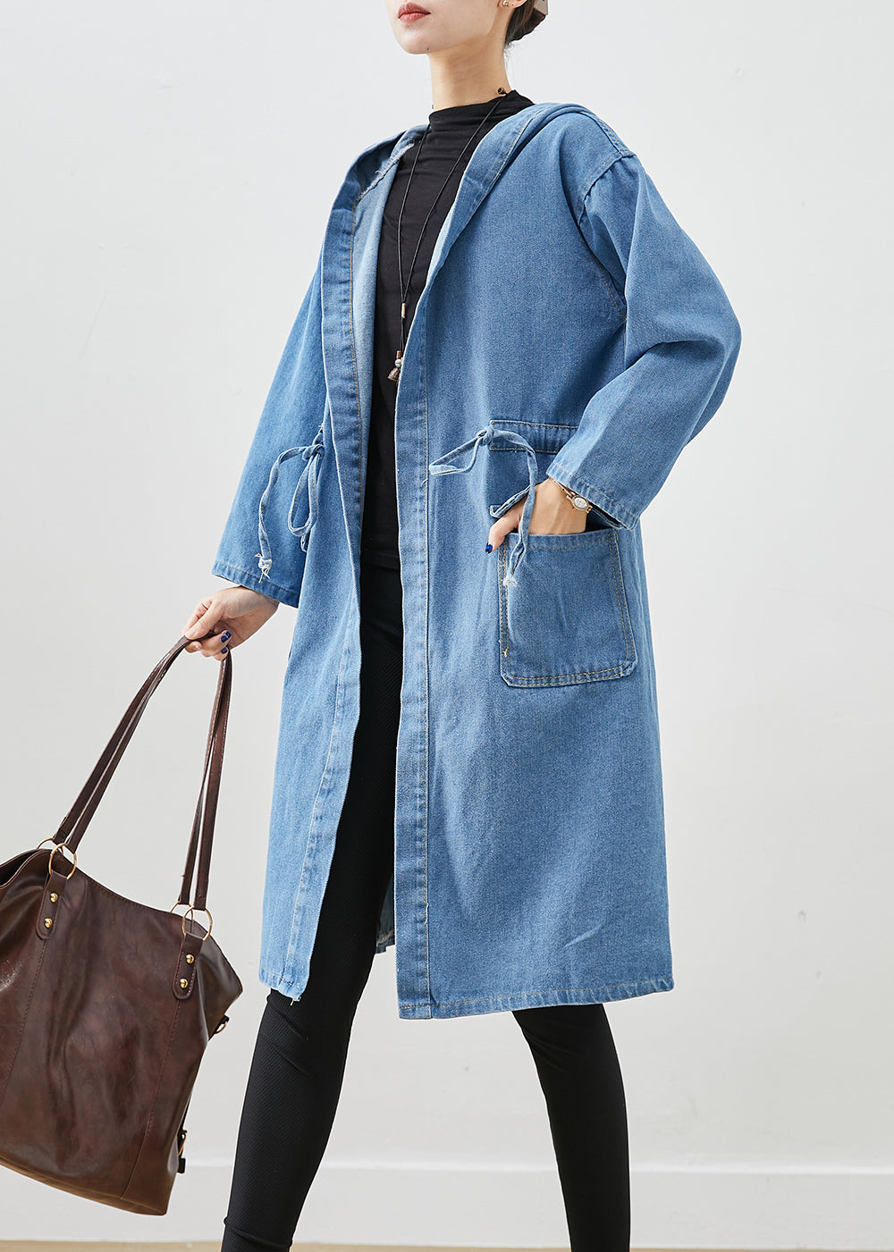 Simple Blue Cinched Hooded Pockets Denim Trench Fall Ada Fashion