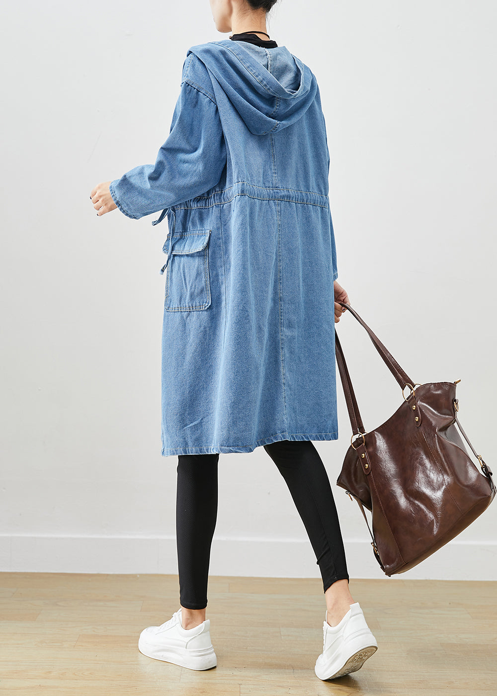 Simple Blue Cinched Hooded Pockets Denim Trench Fall Ada Fashion