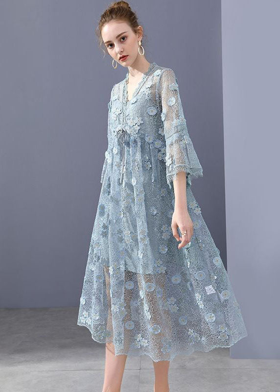 Simple Blue Embroideried Floral Hollow Out Lace Dress Flare Sleeve LC0256 - fabuloryshop