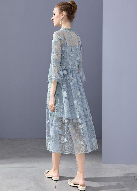Simple Blue Embroideried Floral Hollow Out Lace Dress Flare Sleeve LC0256 - fabuloryshop