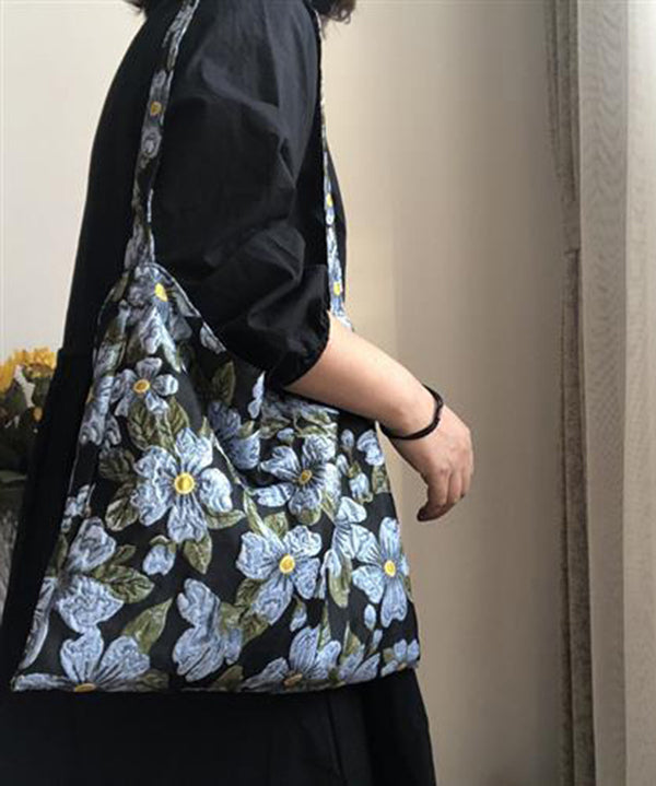 Simple Blue Embroideried Floral Paitings Cotton Satchel Handbag LY1780 - fabuloryshop