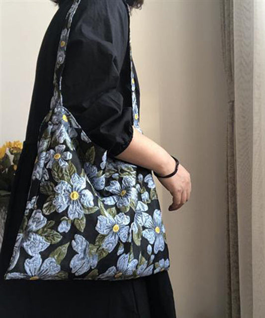 Simple Blue Embroideried Floral Paitings Cotton Satchel Handbag LY1780