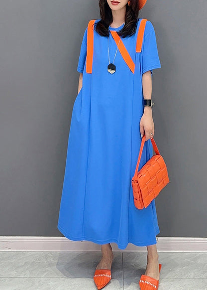 Simple Blue O-Neck Patchwork Long Dresses Short Sleeve LY4409 - fabuloryshop