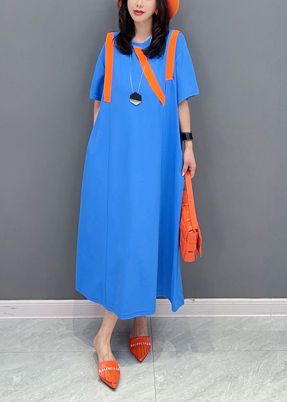 Simple Blue O-Neck Patchwork Long Dresses Short Sleeve LY4409 - fabuloryshop