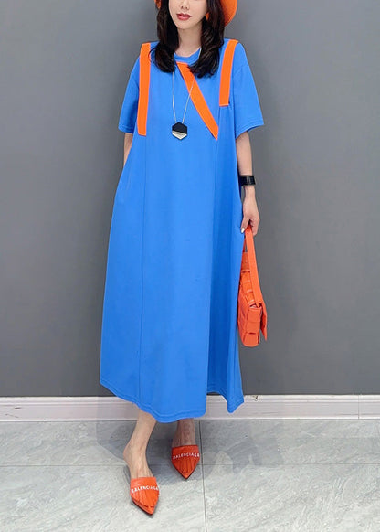 Simple Blue O-Neck Patchwork Long Dresses Short Sleeve LY4409 - fabuloryshop