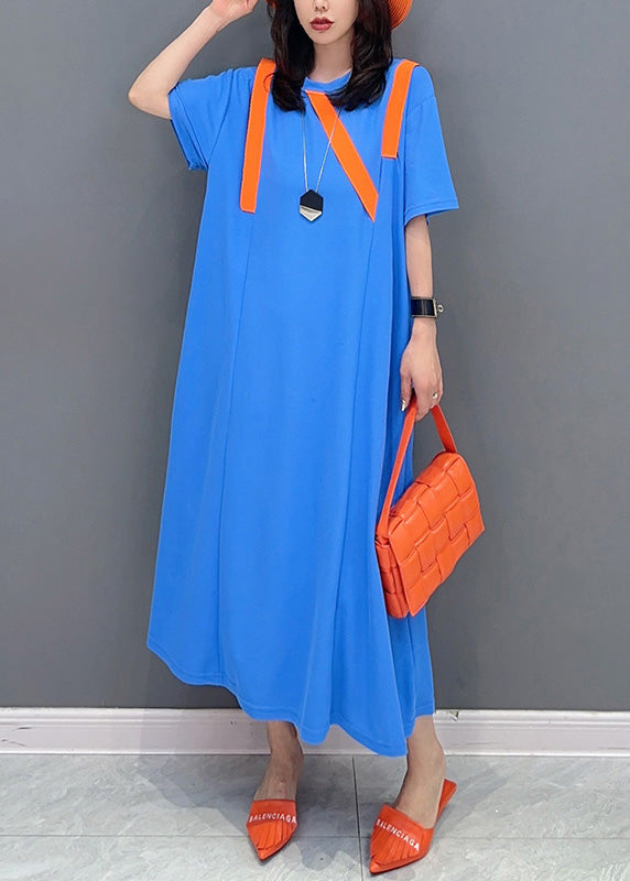 Simple Blue O-Neck Patchwork Long Dresses Short Sleeve LY4409 - fabuloryshop