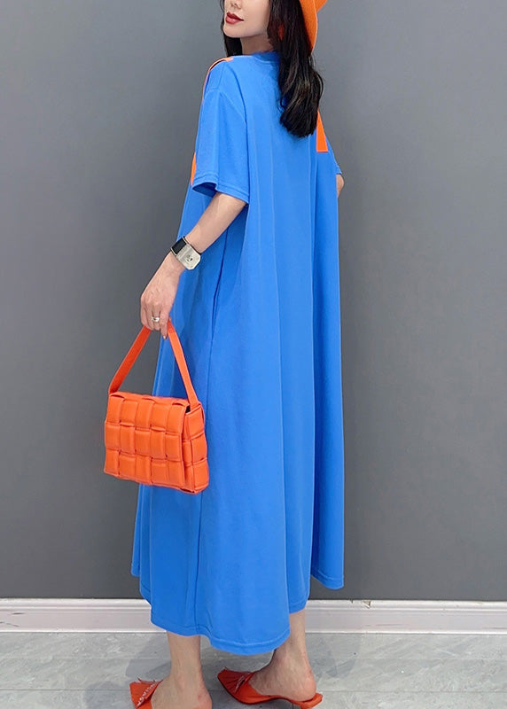 Simple Blue O-Neck Patchwork Long Dresses Short Sleeve LY4409 - fabuloryshop