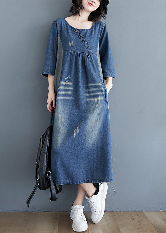 Simple Blue O-Neck Patchwork Wrinkled Denim Long Dress Spring LY0660 - fabuloryshop