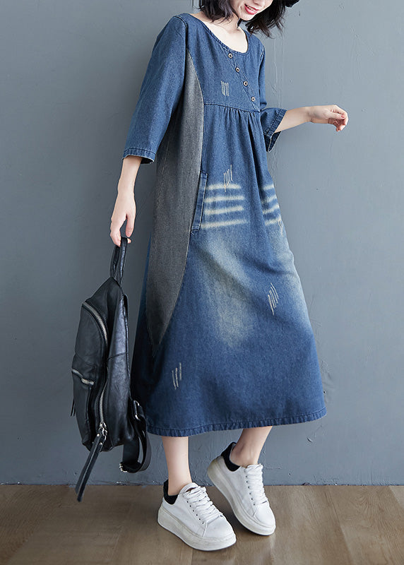 Simple Blue O-Neck Patchwork Wrinkled Denim Long Dress Spring LY0660 - fabuloryshop