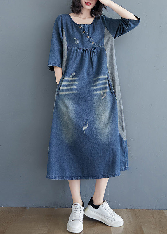 Simple Blue O-Neck Patchwork Wrinkled Denim Long Dress Spring LY0660