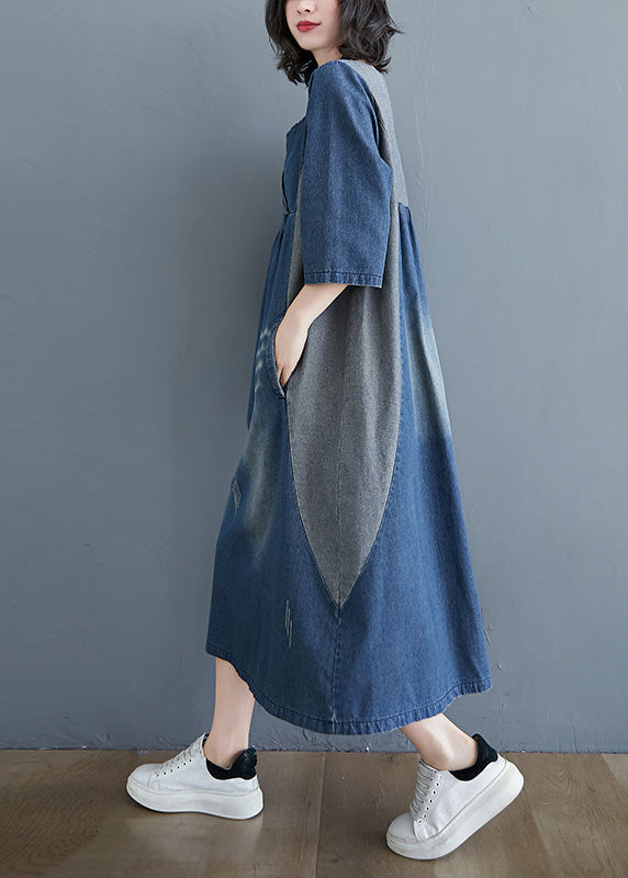 Simple Blue O-Neck Patchwork Wrinkled Denim Long Dress Spring LY0660