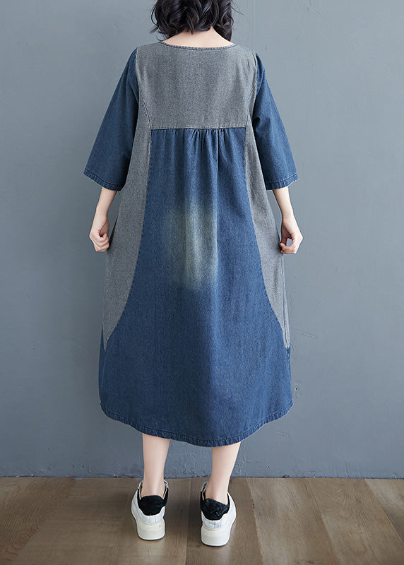 Simple Blue O-Neck Patchwork Wrinkled Denim Long Dress Spring LY0660 - fabuloryshop