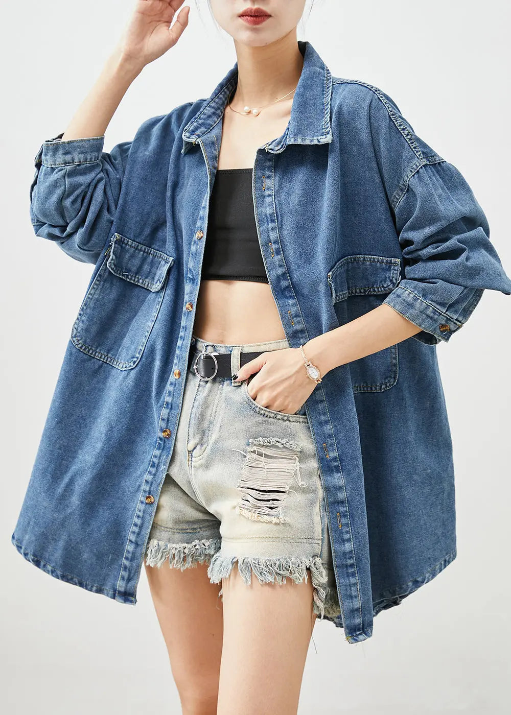 Simple Blue Oversized Pockets Denim Coat Outwear Fall Ada Fashion