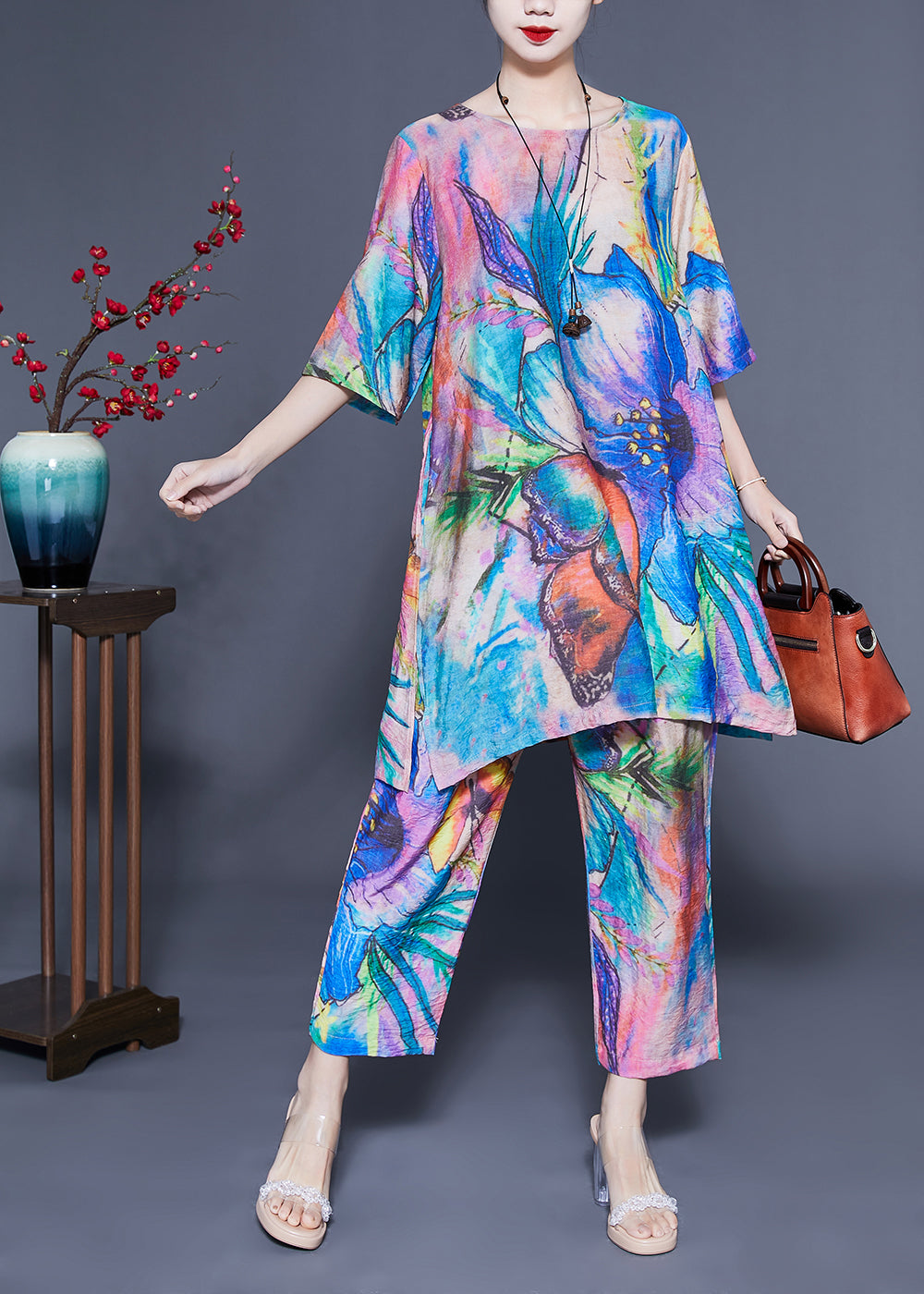 Simple Blue Oversized Tie Dye Side Open Linen Two Pieces Set Summer LC0404 - fabuloryshop