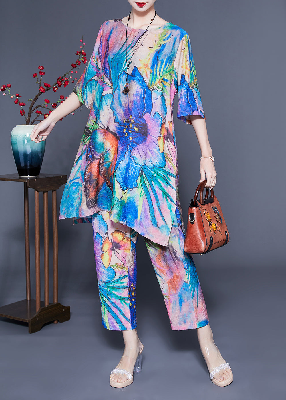 Simple Blue Oversized Tie Dye Side Open Linen Two Pieces Set Summer LC0404 - fabuloryshop