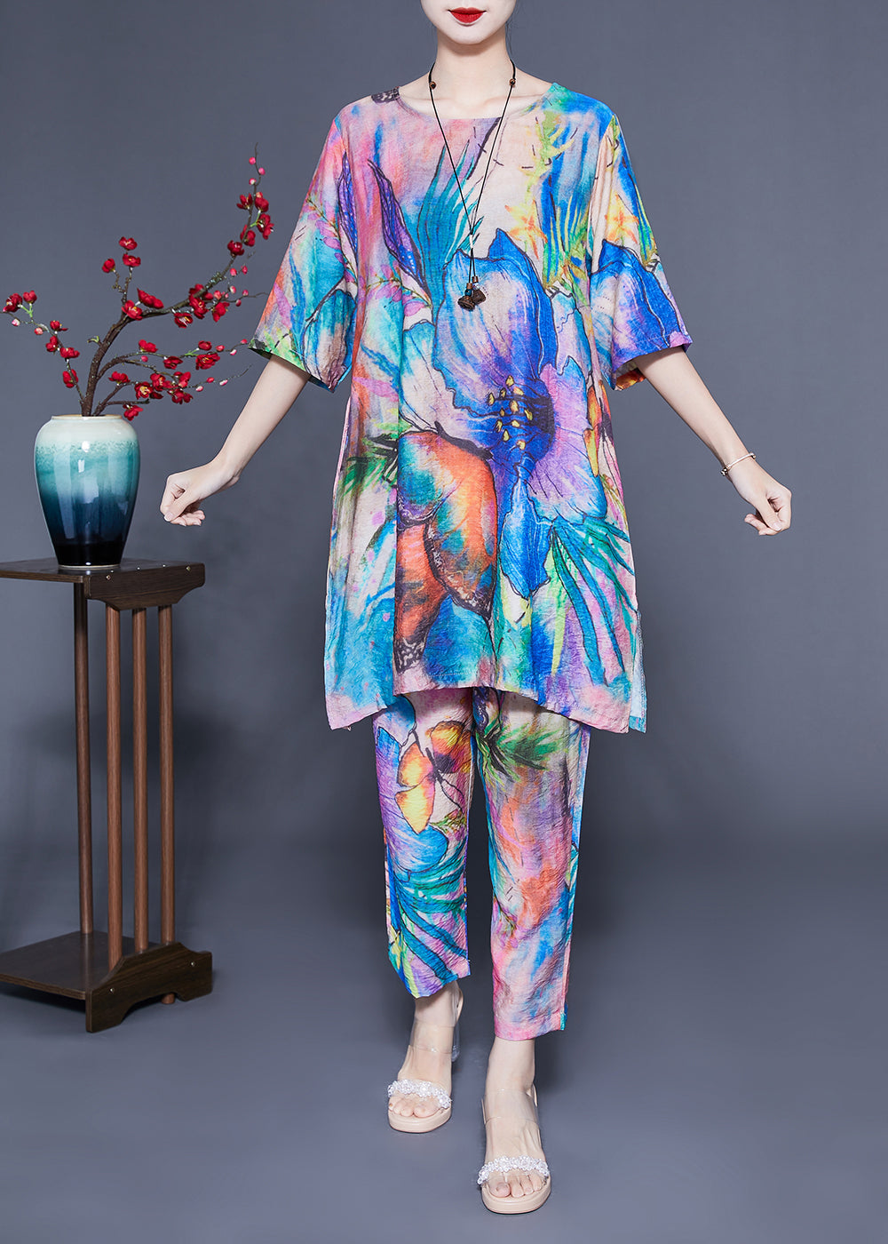 Simple Blue Oversized Tie Dye Side Open Linen Two Pieces Set Summer LC0404 - fabuloryshop