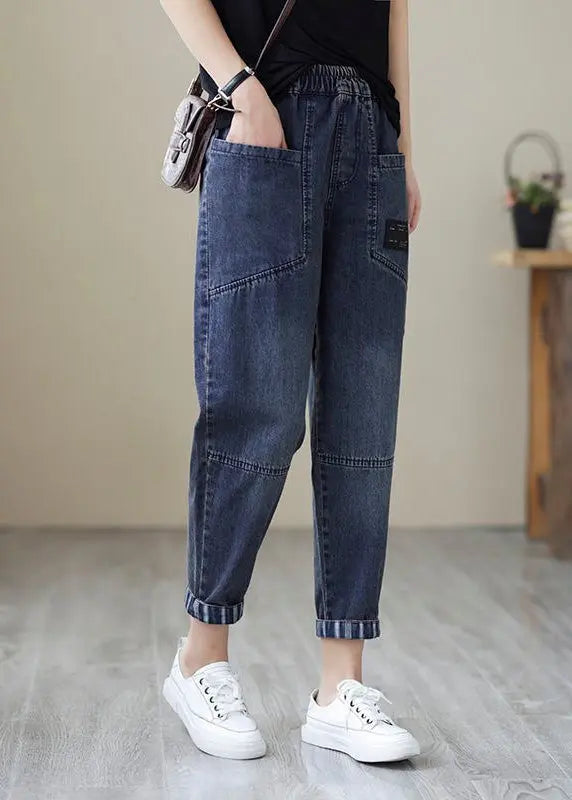 Simple Blue Patchwork Elastic Waist Crop Beam Jeans Ada Fashion