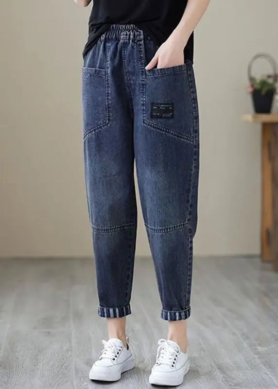 Simple Blue Patchwork Elastic Waist Crop Beam Jeans Ada Fashion