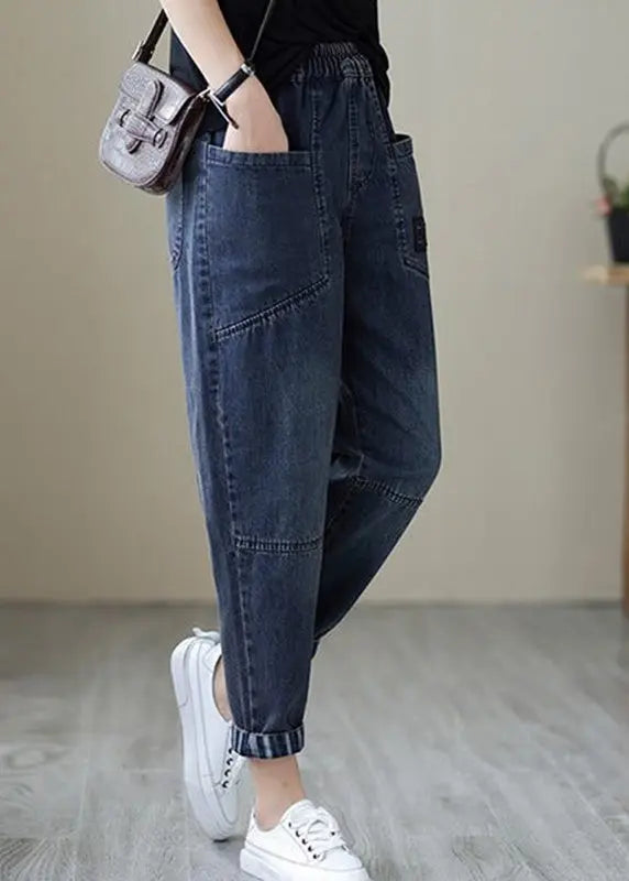 Simple Blue Patchwork Elastic Waist Crop Beam Jeans Ada Fashion