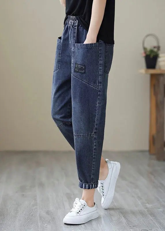 Simple Blue Patchwork Elastic Waist Crop Beam Jeans Ada Fashion