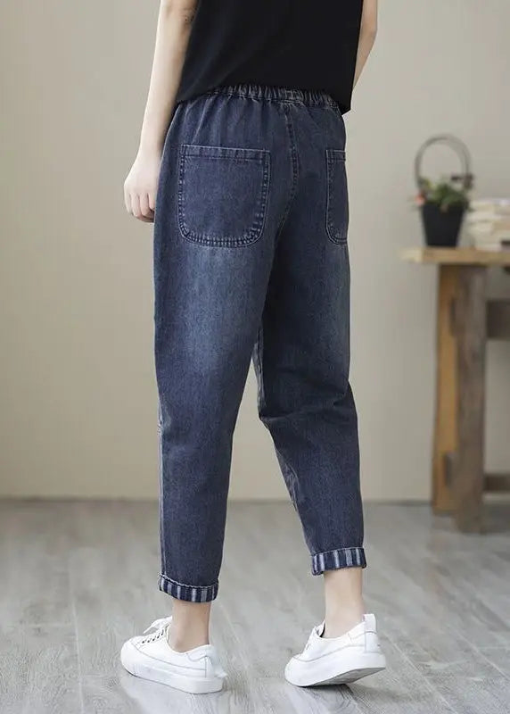 Simple Blue Patchwork Elastic Waist Crop Beam Jeans Ada Fashion