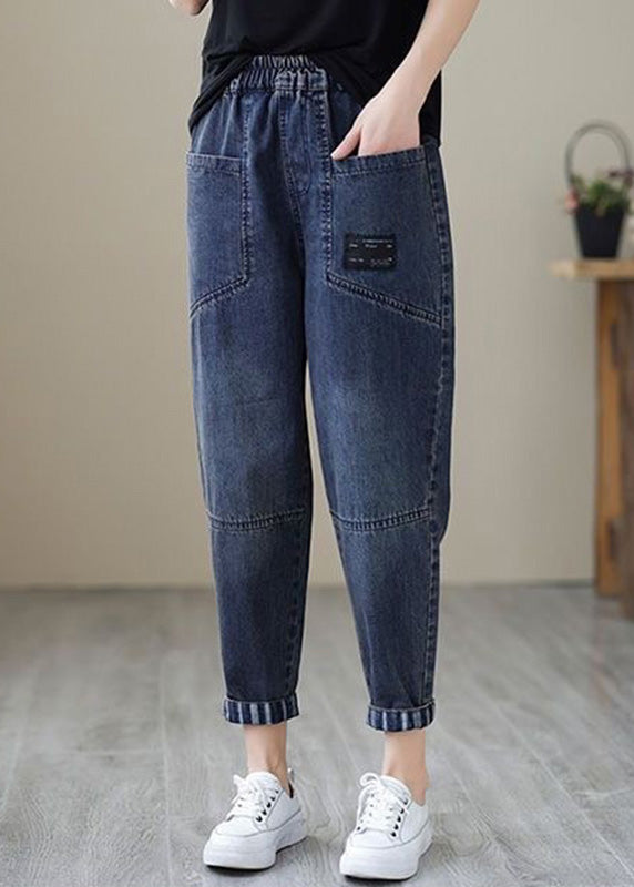 Simple Blue Patchwork Elastic Waist Crop Beam Jeans TY1046 - fabuloryshop