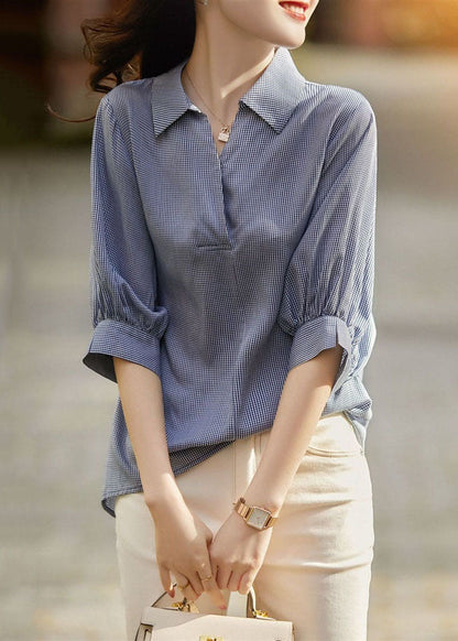 Simple Blue Plaid Peter Pan Collar Button Patchwork Cotton Shirts Bracelet Sleeve TQ1049 - fabuloryshop