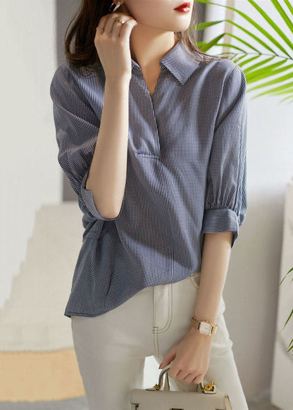 Simple Blue Plaid Peter Pan Collar Button Patchwork Cotton Shirts Bracelet Sleeve TQ1049 - fabuloryshop