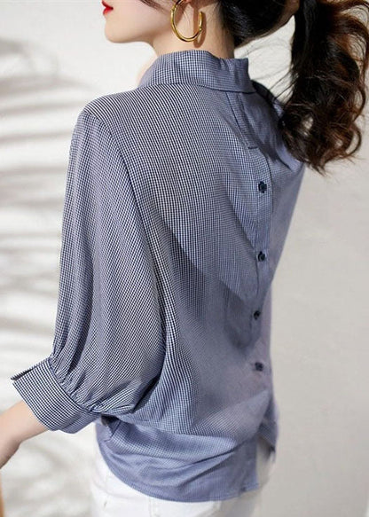 Simple Blue Plaid Peter Pan Collar Button Patchwork Cotton Shirts Bracelet Sleeve TQ1049 - fabuloryshop