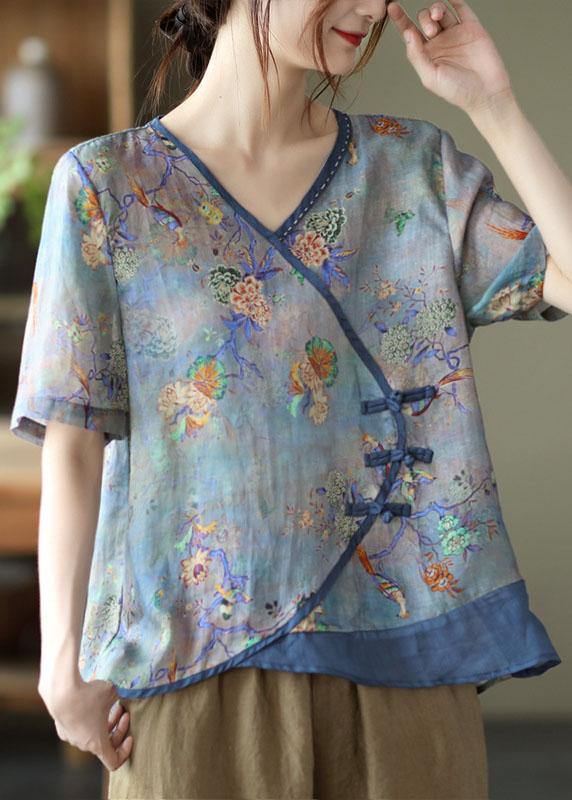 Blue Print Ramie Oriental Summer Tops - fabuloryshop