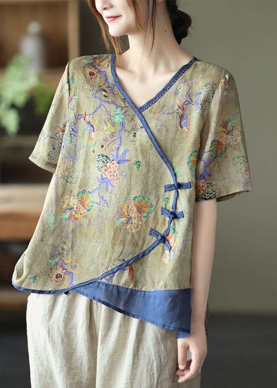 Blue Print Ramie Oriental Summer Tops - fabuloryshop