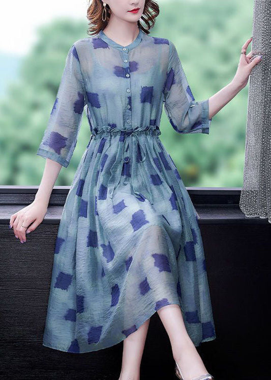 Simple Blue Ruffled Print Silk Cinched Dresses Two Piece Set Bracelet Sleeve LY0511 - fabuloryshop