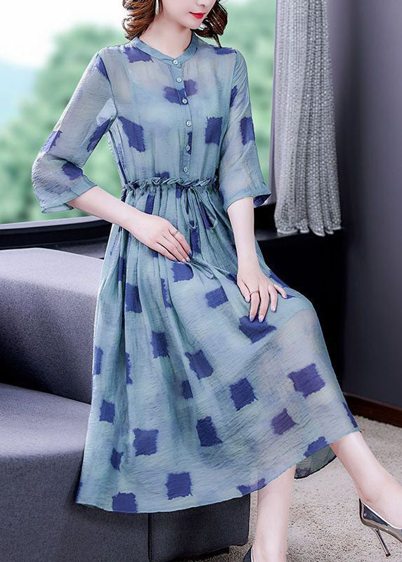 Simple Blue Ruffled Print Silk Cinched Dresses Two Piece Set Bracelet Sleeve LY0511 - fabuloryshop