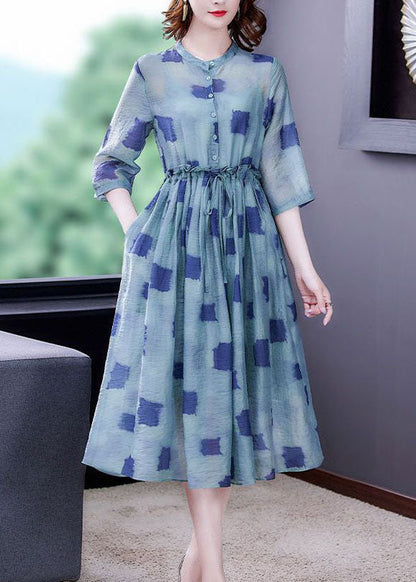 Simple Blue Ruffled Print Silk Cinched Dresses Two Piece Set Bracelet Sleeve LY0511 - fabuloryshop