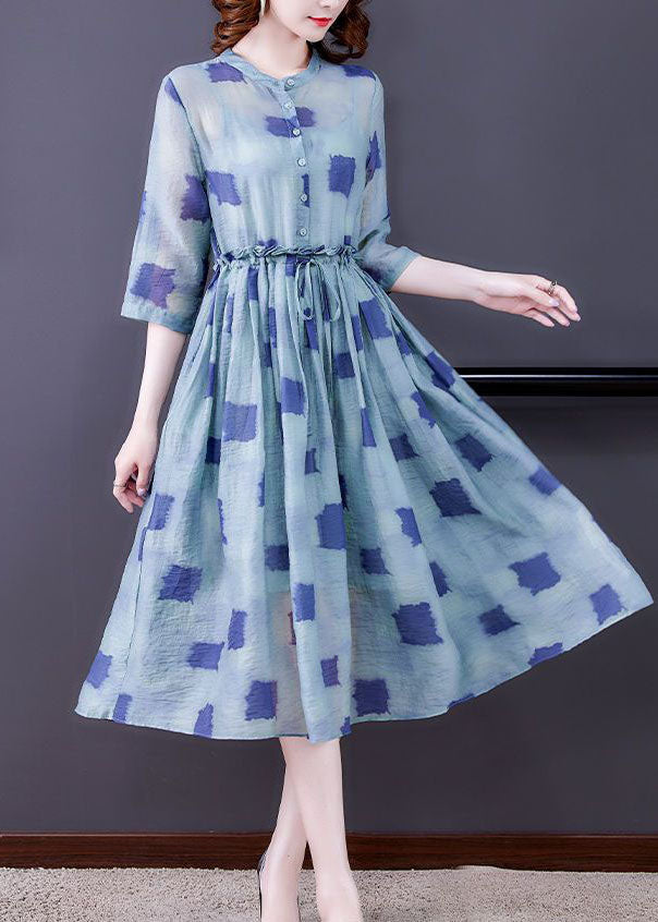 Simple Blue Ruffled Print Silk Cinched Dresses Two Piece Set Bracelet Sleeve LY0511 - fabuloryshop