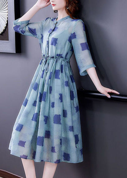 Simple Blue Ruffled Print Silk Cinched Dresses Two Piece Set Bracelet Sleeve LY0511 - fabuloryshop