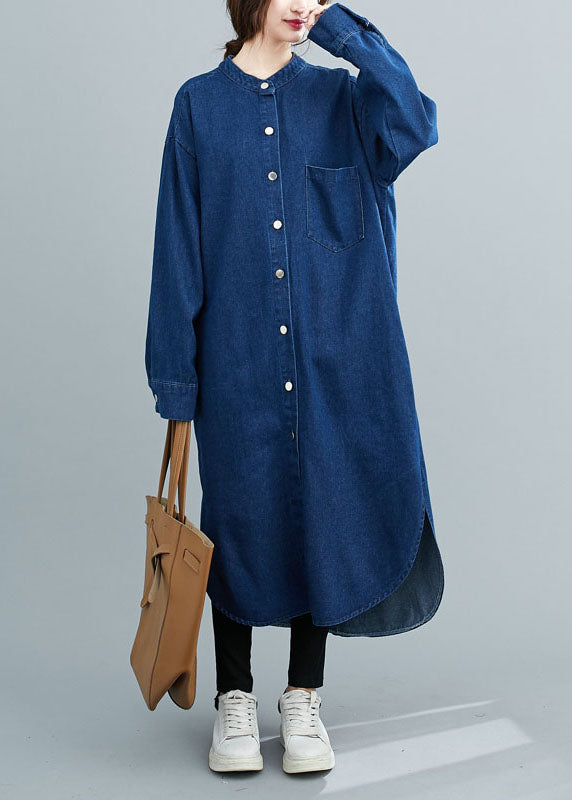 Simple Blue Stand Collar Patchwork Denim Shirts Dress Spring LY5647 - fabuloryshop