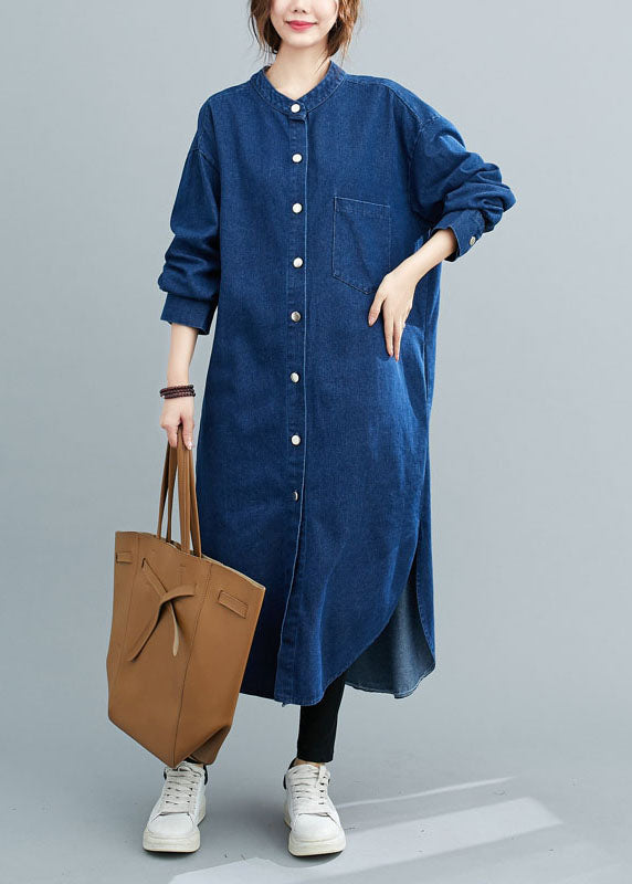 Simple Blue Stand Collar Patchwork Denim Shirts Dress Spring LY5647 - fabuloryshop