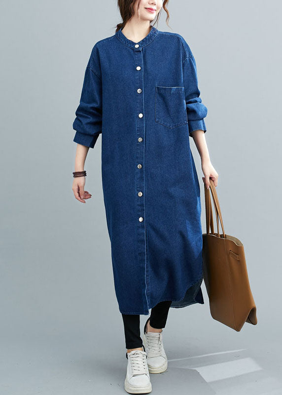 Simple Blue Stand Collar Patchwork Denim Shirts Dress Spring LY5647 - fabuloryshop