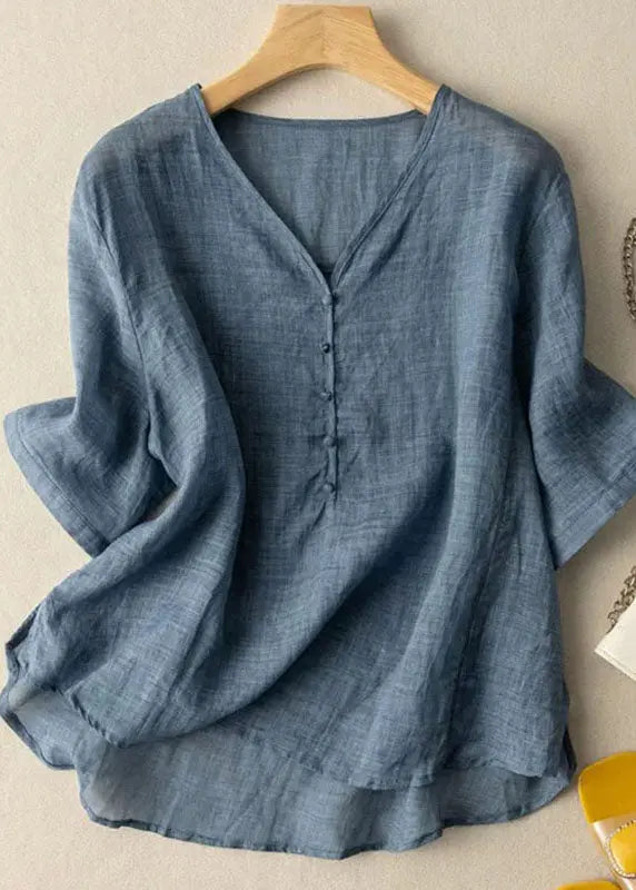 Simple Blue V Neck Button Patchwork Linen T Shirt Summer Ada Fashion