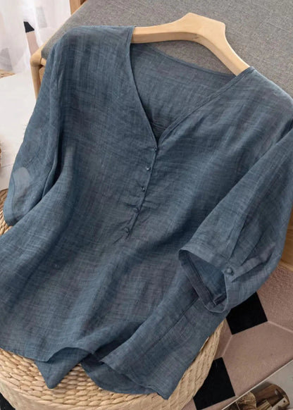 Simple Blue V Neck Button Patchwork Linen T Shirt Summer Ada Fashion