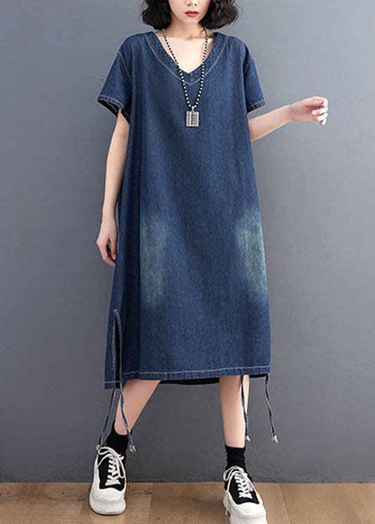 Simple Blue V Neck Patchwork Side Open Denim Dress Summer LY3947 - fabuloryshop